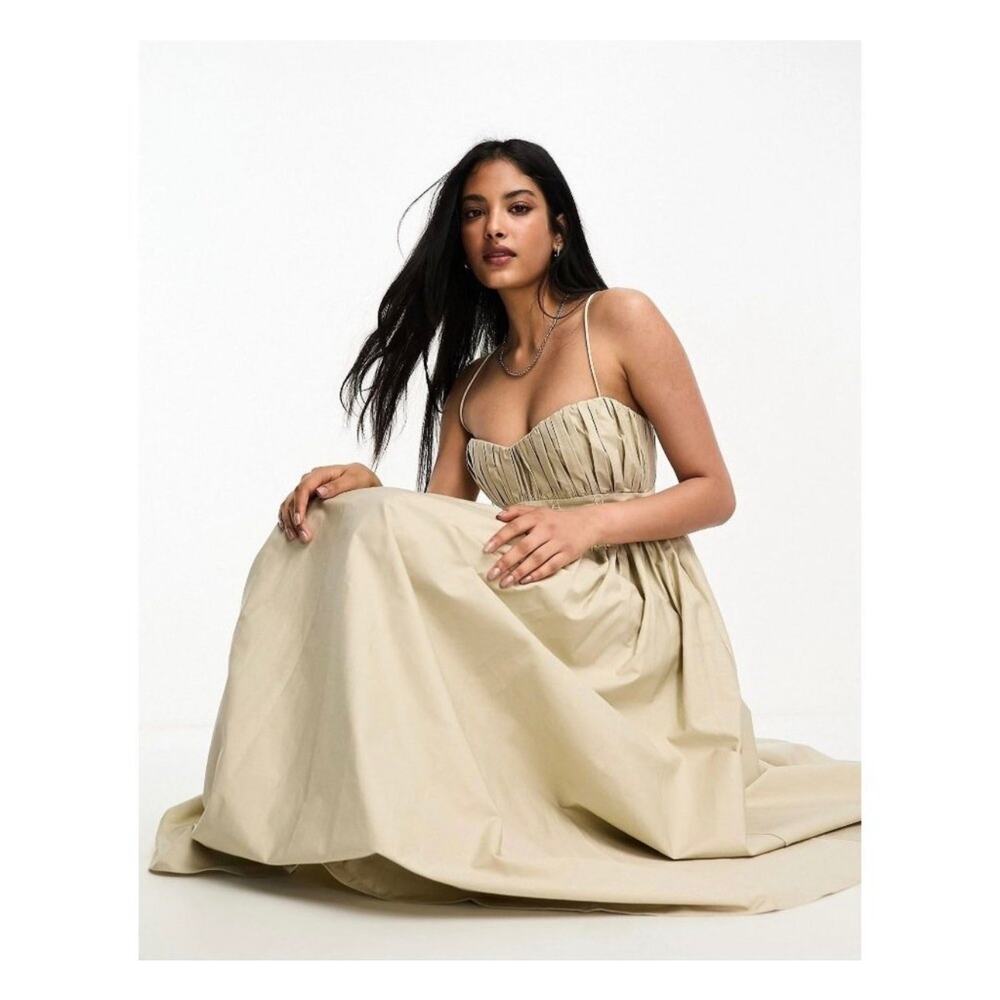 NWOT ASOS Design Cotton Corset Maxi Dress Stone Criss Cross Back Size 8